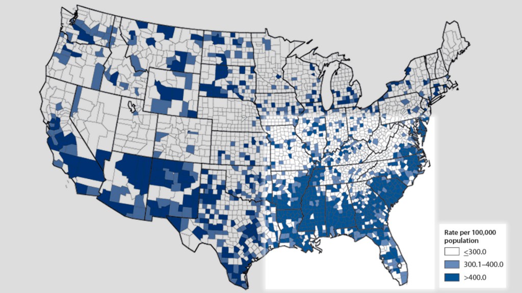 Chlamydia -- rates by County, U.S. Centers for Disease Control and Prevention, National Center for HIV./AIDS, Viral Hepatitis, STD and TB Prevention, Division of STD Prevention, 2010.