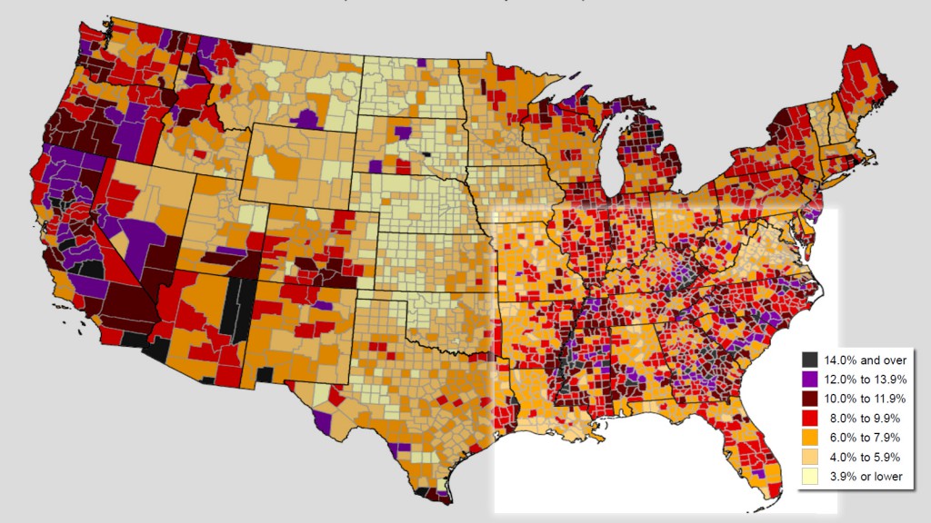 Unemployment rates by county, August 2012 to July 2013, U.S. Bureau of Labor Statistics.